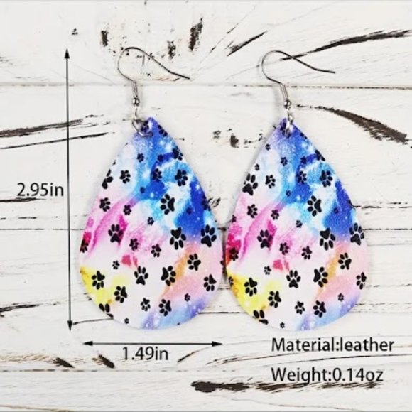 Tie Dye, Cute Dog Paw Print Teardrop Earrings PU Leather .925 Silver Hooks - Picture 2 of 4